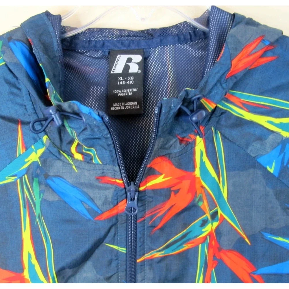 Russell Full Zip‎ Hooded Windbreaker Jacket Men's XL Blue Floral Print